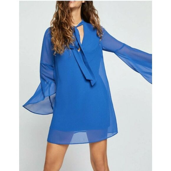 BCBGeneration Sz S NECK TIE A-LINE DRESS FLUTTER SLEEVE CHIFFON DRESS BLUE - Picture 1 of 13